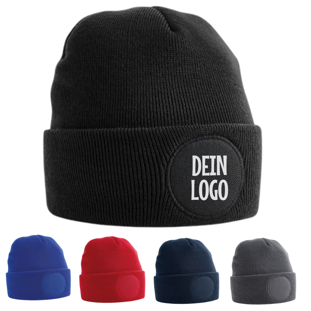 Strickmütze Beanie mit Emblem rund